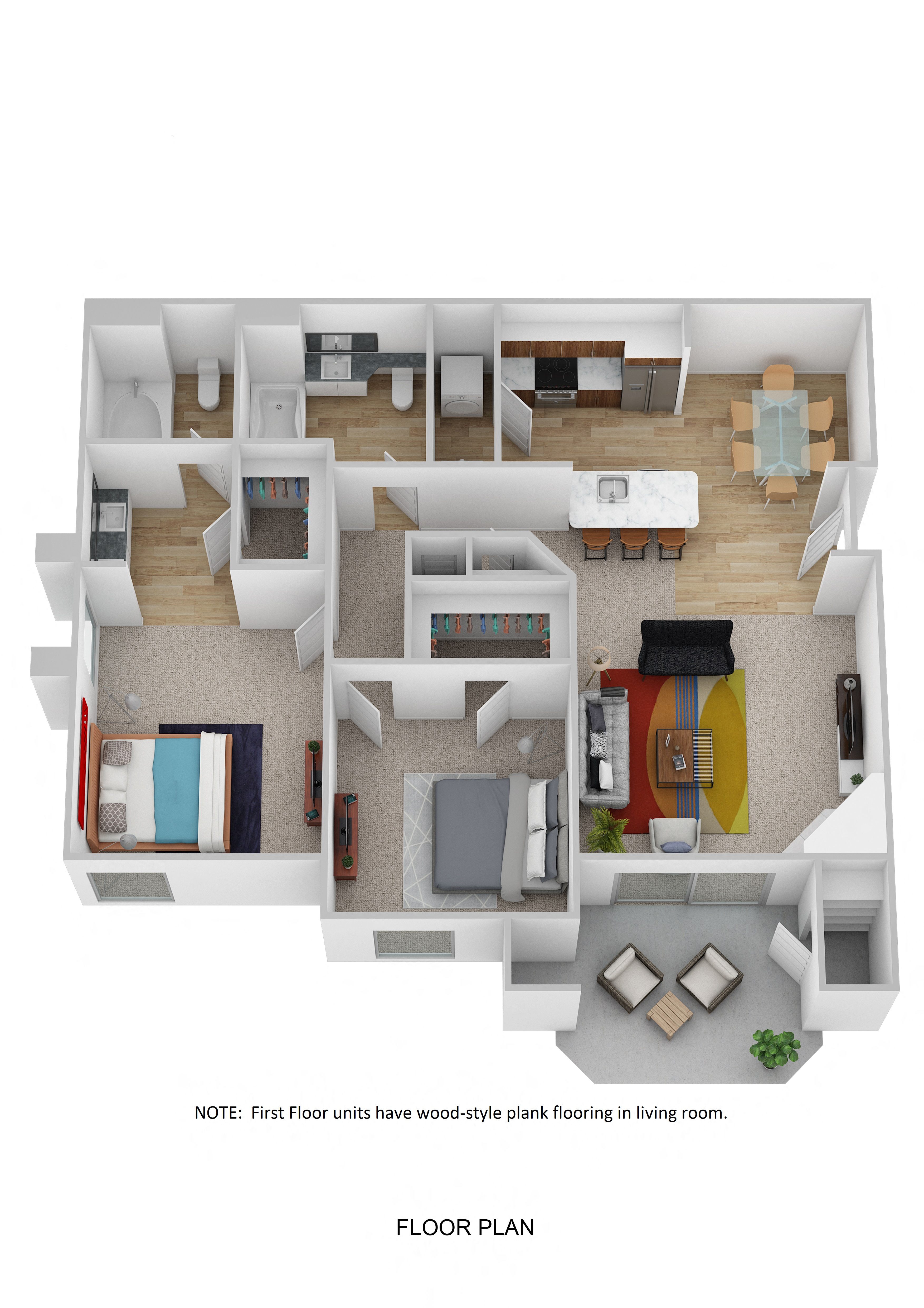 Floor plan for 2 beds, 2 baths, 1136 sqft